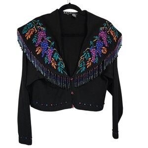 Vintage Cardigan M Cropped Embroidered Beaded Artsy Festival Boho Chic Western